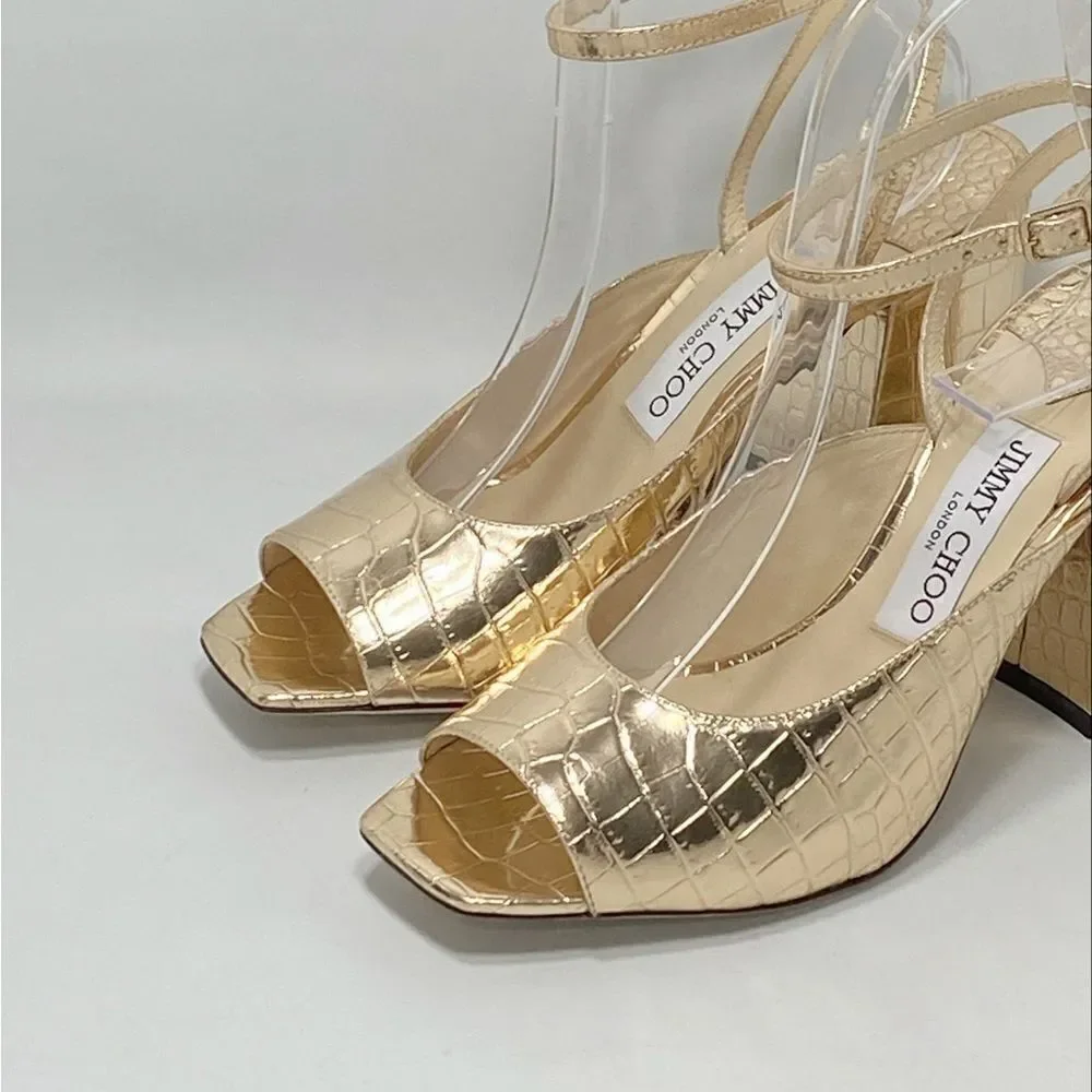 Jimmy Choo Jassidy Croc-Embossed Metallic Leather Sandals size 37.5